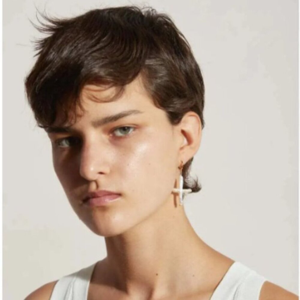 Natural Cross Shape Freshwater Pearl Earrings Copper Gold-Plated Design Feel - Picture 2 of 3